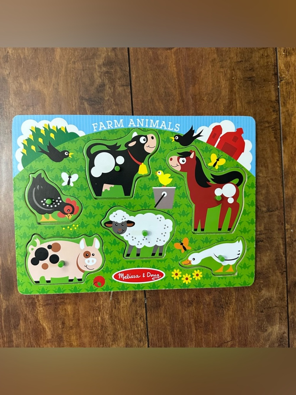 Melissa & Doug Farm Animals Wooden Peg Puzzle - Colorful Green Playboard
